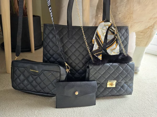 Women's 4 bag set - Black Quilted Argyle