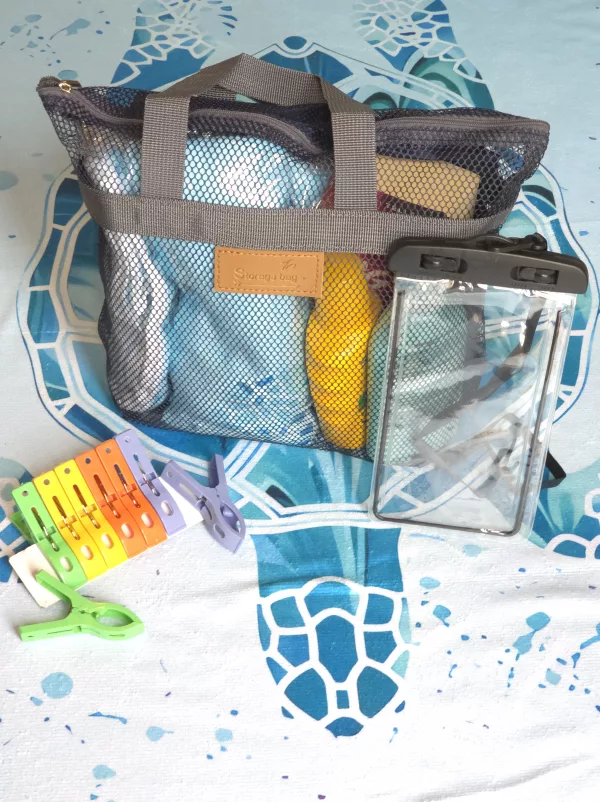 Beach pack - towel, phone case, mesh tote bag and clothes pegs