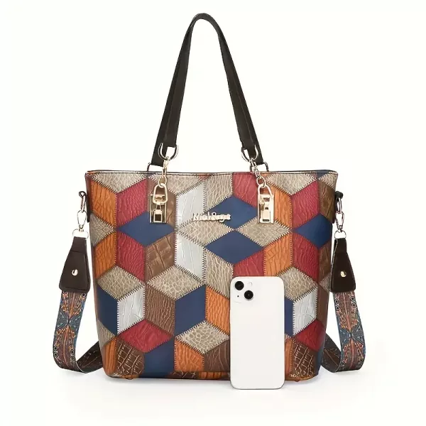 5pcs Faux Leather Tote Bag Set for Women - Stylish Colour Block Design - Image 2