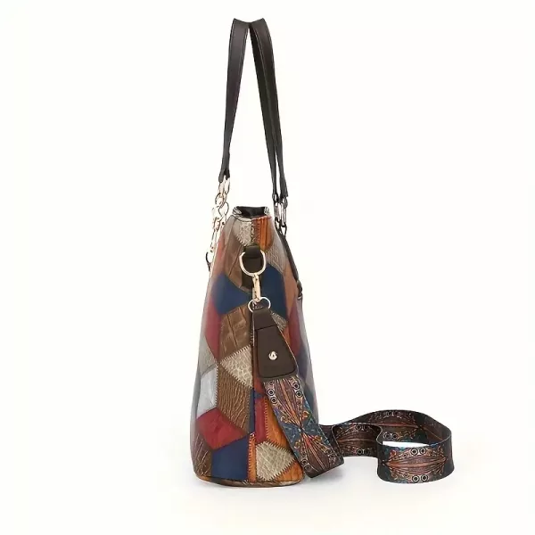 5pcs Faux Leather Tote Bag Set for Women - Stylish Colour Block Design - Image 4