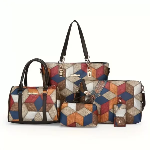 5 Piece faux leather colour block tote bag set