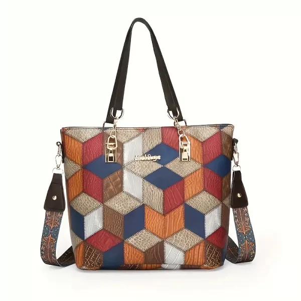 5pcs Faux Leather Tote Bag Set for Women - Stylish Colour Block Design - Image 7
