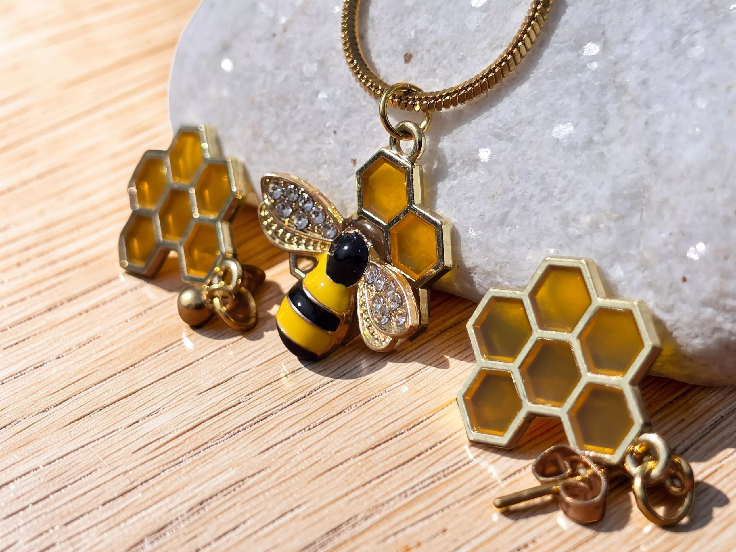 Bee Necklace and Earring Set, Honeycomb Earrings, Bumblebee Jewellery, Nature Lover Gift for Her - Image 2