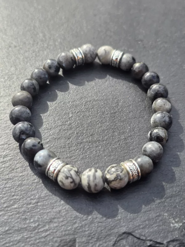 Men's Charcoal Grey and Marble effect Beaded Bracelet 7 Inch - Image 6