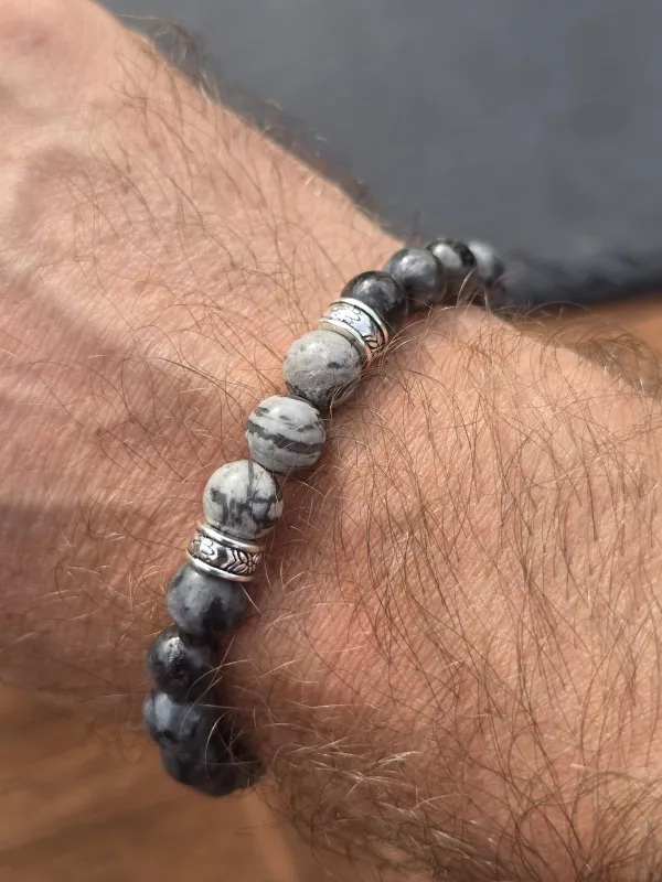Men's Charcoal Grey and Marble effect Beaded Bracelet 7 Inch - Image 8