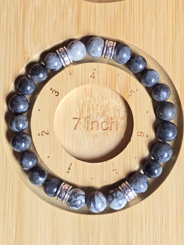 Mens charcoal grey beaded bracelet showing 7 inch size