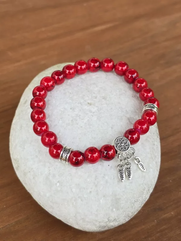 Women's Dreamcatcher Red Stone Bracelet - Handmade 6 inch Elastic Bracelet - Image 10