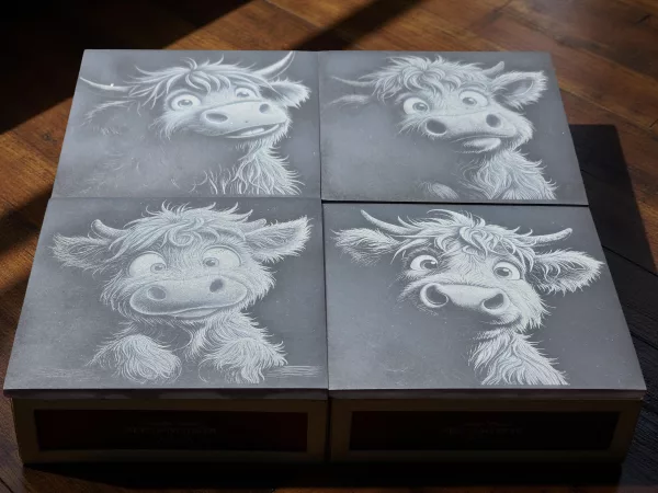 Highland cow coasters 4 pack of cute highland cow etched design drinks mats