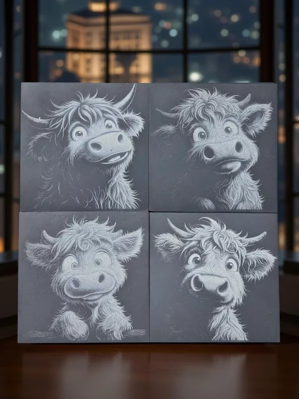 Highland Cow Coasters - 4 pack of Cute Highland Cow Drinks Mats