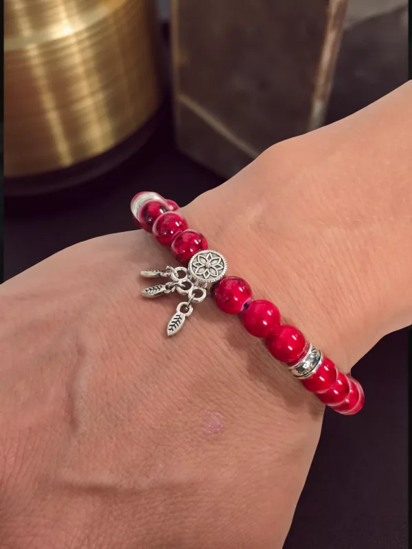 Women's Dreamcatcher Red Stone Bracelet - Handmade 6 inch Elastic Bracelet - Image 4