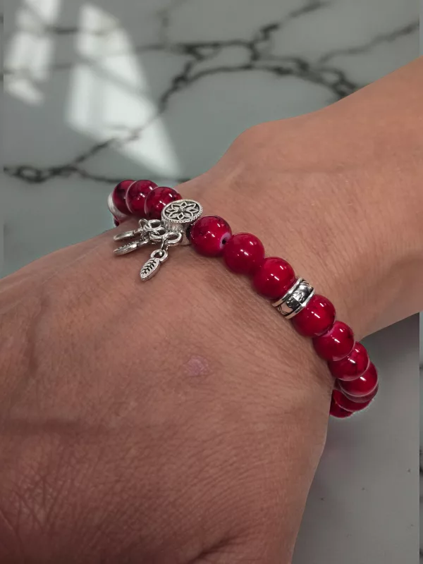 Women's Dreamcatcher Red Stone Bracelet - Handmade 6 inch Elastic Bracelet - Image 5