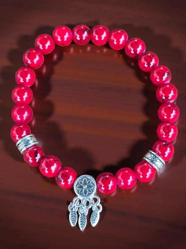 Women's Dreamcatcher Red Stone Bracelet - Handmade 6 inch Elastic Bracelet - Image 6