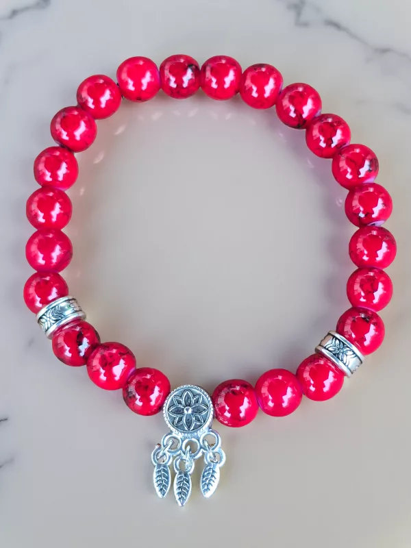 Women's Dreamcatcher Red Stone Bracelet - Handmade 6 inch Elastic Bracelet - Image 2