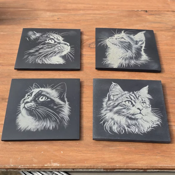 Cat Slate Coaster Set - 4 pack of etched cat design 10cm drinks mats - Image 14