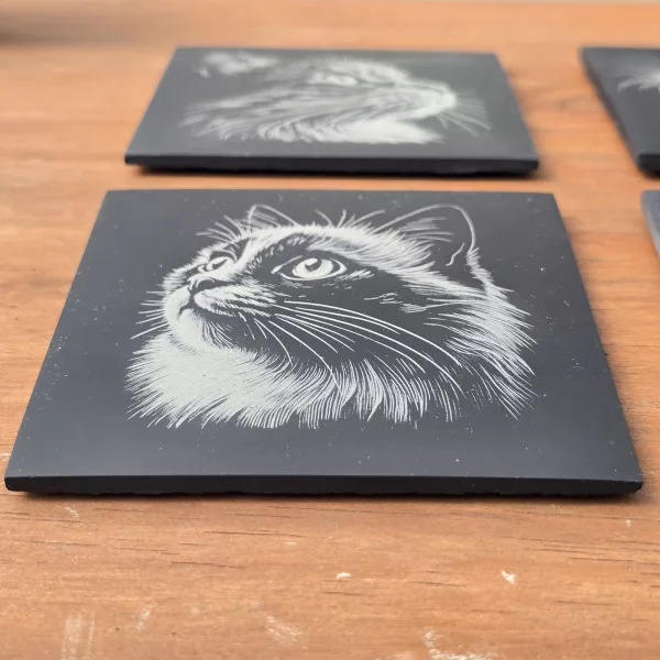 Cat Slate Coaster Set - 4 pack of etched cat design 10cm drinks mats - Image 13