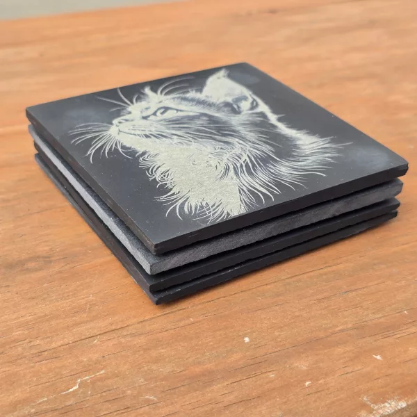 Cat Slate Coaster Set - 4 pack of etched cat design 10cm drinks mats - Image 11