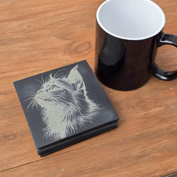 Cat Slate Coaster Set - 4 pack of etched cat design 10cm drinks mats - Image 10