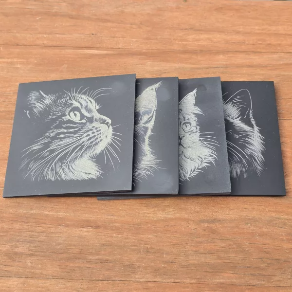 Cat Slate Coaster Set - 4 pack of etched cat design 10cm drinks mats - Image 8