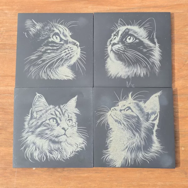 Cat Slate Coaster Set - 4 pack of etched cat design 10cm drinks mats - Image 7
