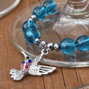 blue glass beaded hummingbird wine glass charm