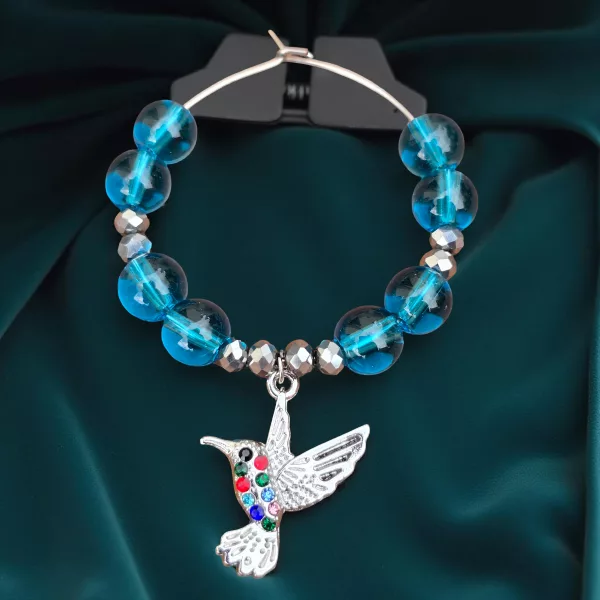 hummingbird wine glass charm with blue glass beads