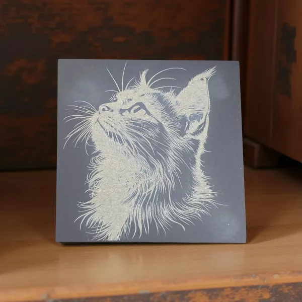 Cat Slate Coaster Set - 4 pack of etched cat design 10cm drinks mats - Image 3