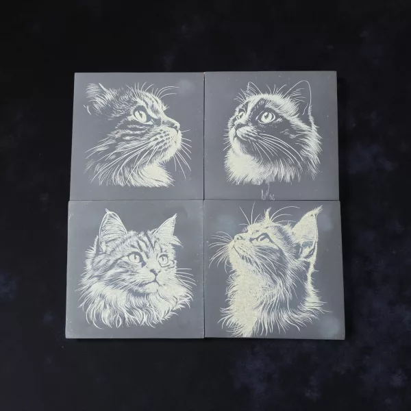 4 pack of slate coasters with various cat designs