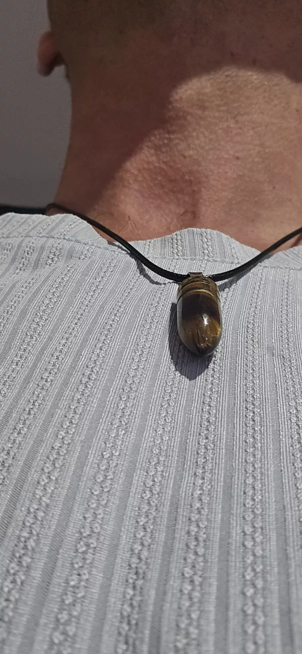 Men's Tigers Eye Bullet Stone Necklace - With 48cm Faux Leather Cord - Image 3