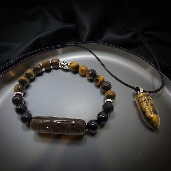 men's tigers eye beaded bracelet and necklace jewellery set