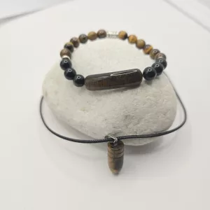 mens tigers eye jewellery set, bullet necklace and elastic beaded bracelet