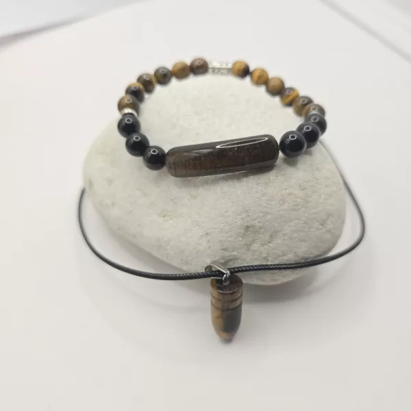 mens tigers eye jewellery set, bullet necklace and elastic beaded bracelet