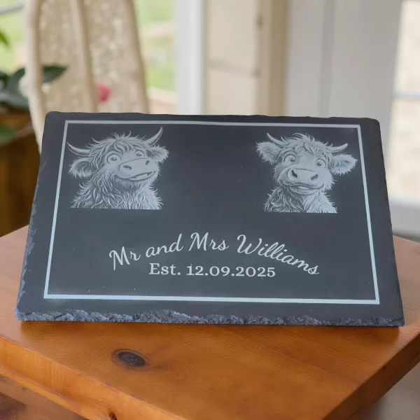 Cute Highland Cow Mr and Mrs Cheese Slate - Serving Board - Image 2