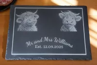 Cute highland cow mr and mrs cheese slate and serving platter
