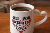 White ceramic mug with heart shaped handle and all you need is love text