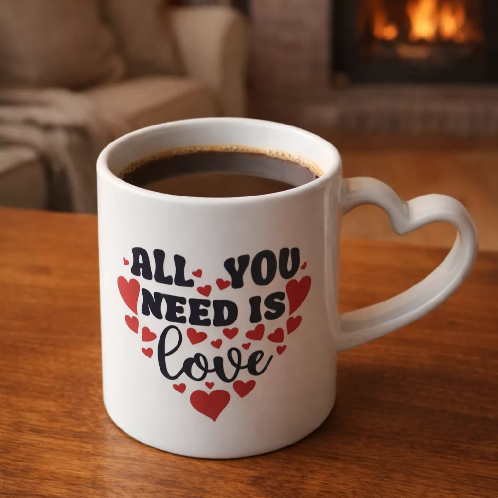 White ceramic mug with heart shaped handle and all you need is love text