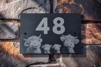 Highland Cow Family Slate House Sign with Personalised House Number