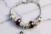 Heart Charm Bracelet, Stainless Steel Snake Chain with Black Crystal Heart
