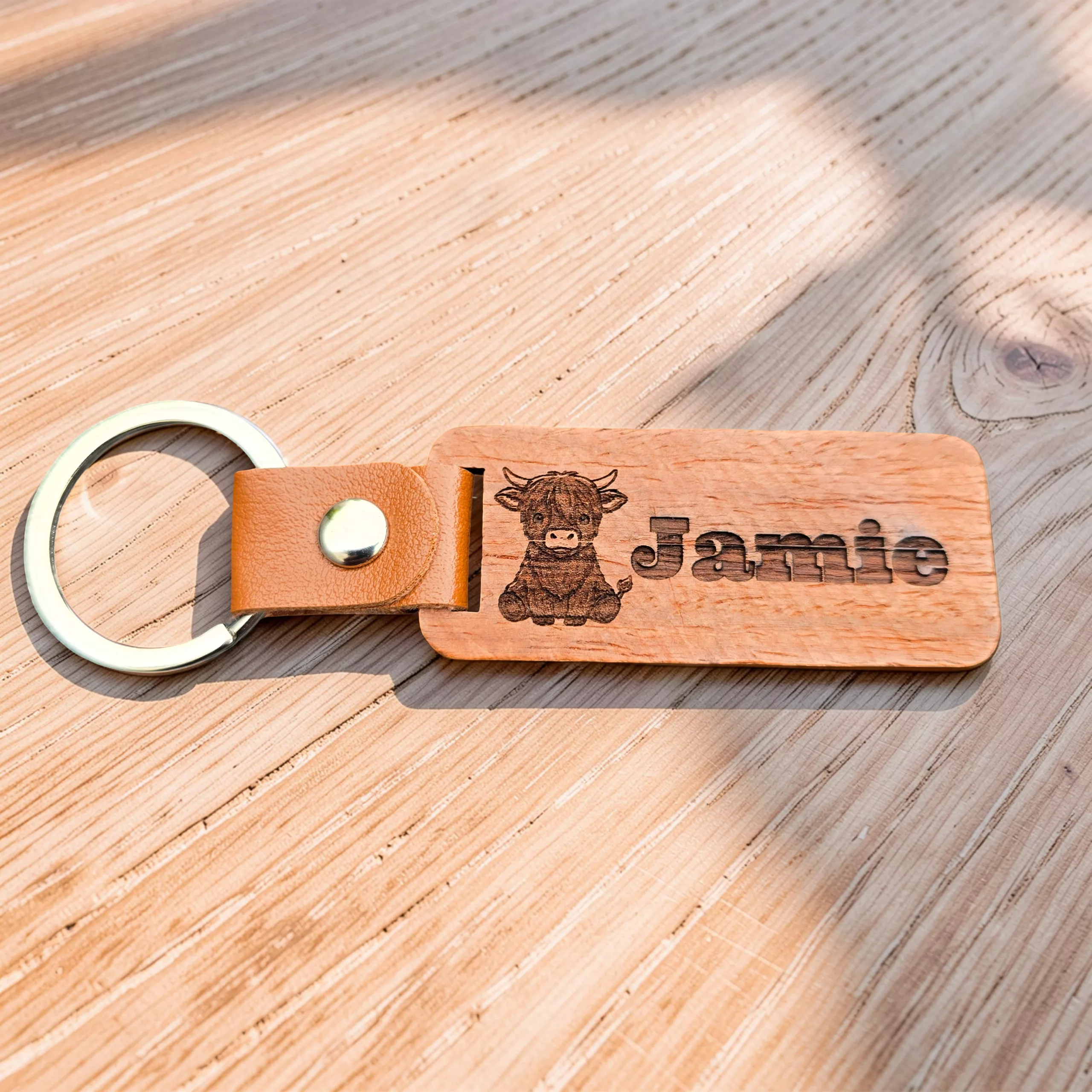 Personalised Highland Cow Keyring, Custom Wooden Bag Tag - Image 2