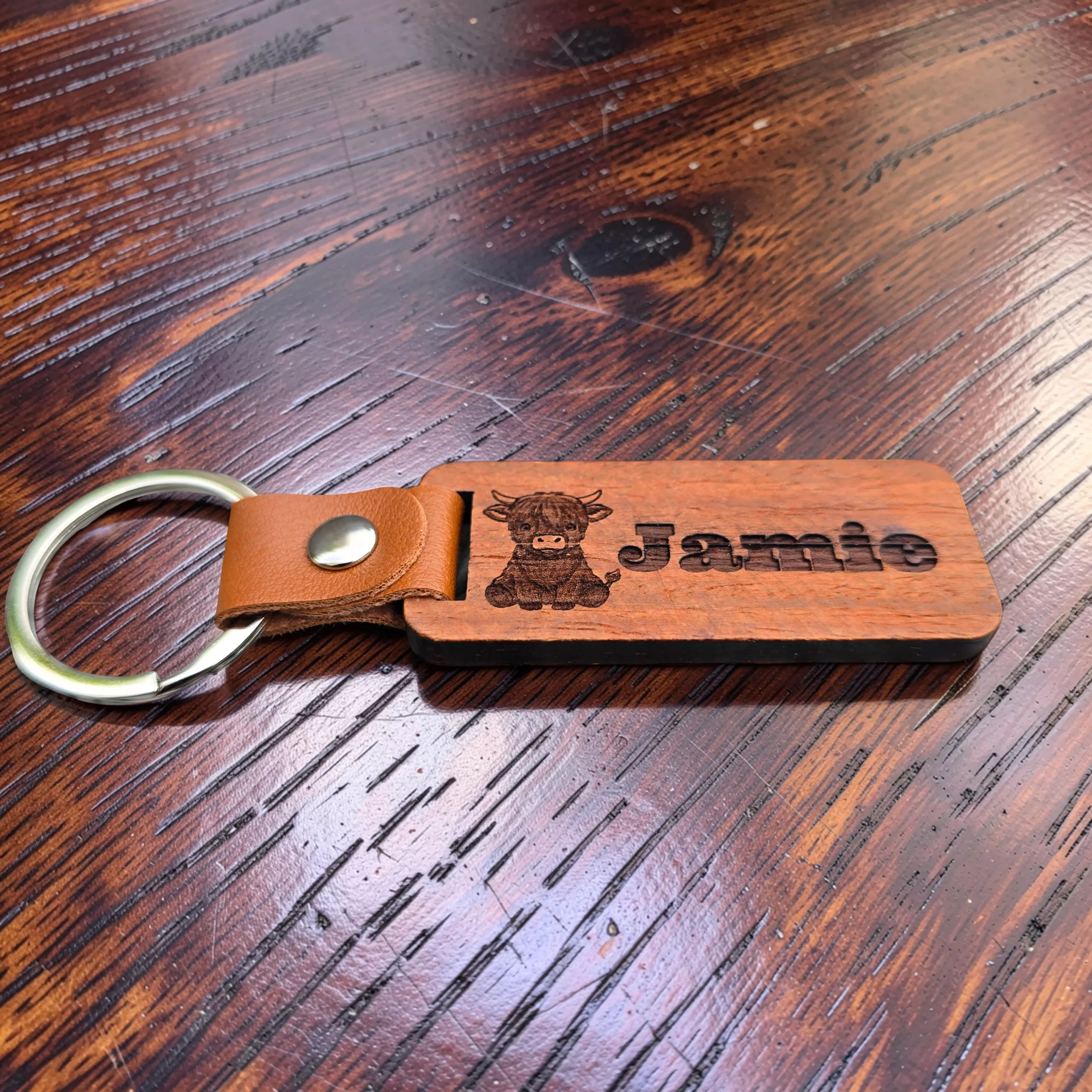 Personalised Highland Cow Keyring, Custom Wooden Bag Tag - Image 4