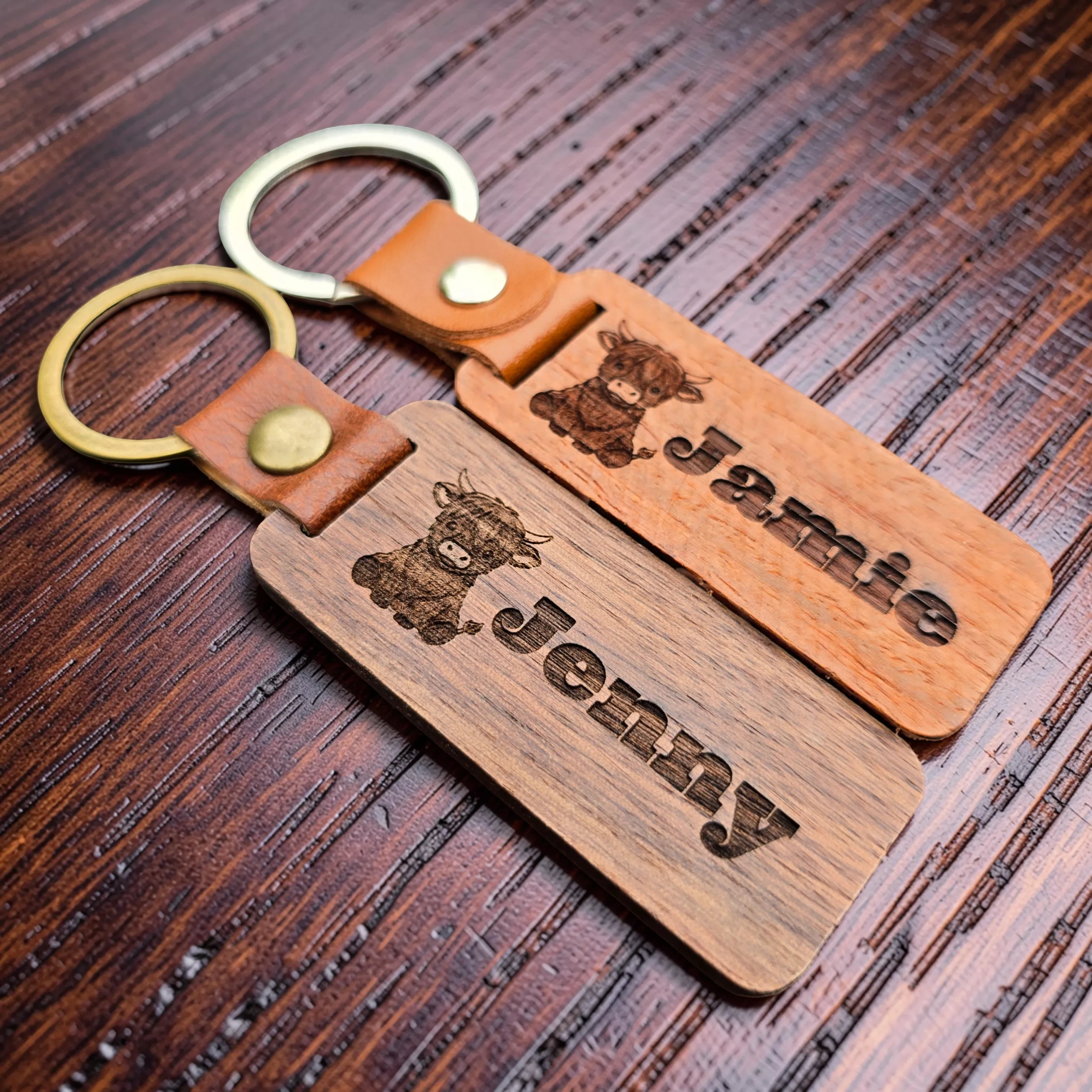 Personalised Highland Cow Keyring, Custom Wooden Bag Tag