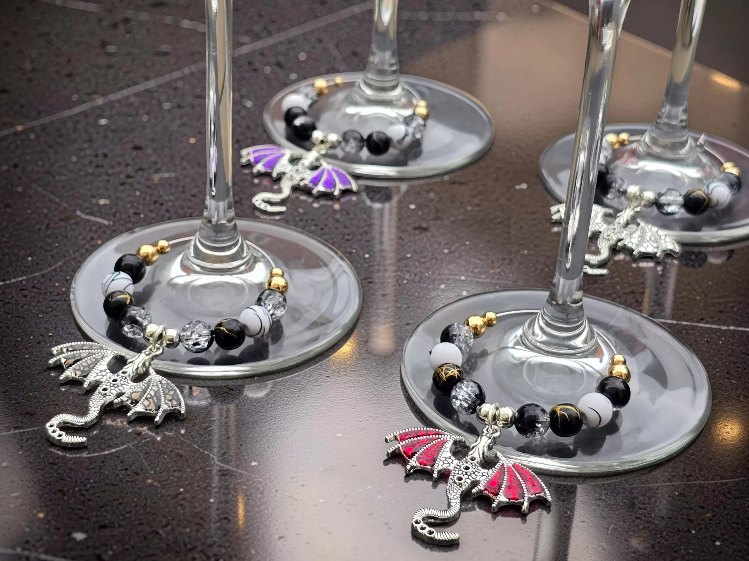 Dragon Wine Glass Charms Set of 4, Gothic Drink Markers, Fantasy Table Decor