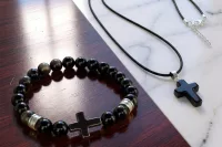 Men's Black Stone Cross Necklace and Beaded Elastic Bracelet Set