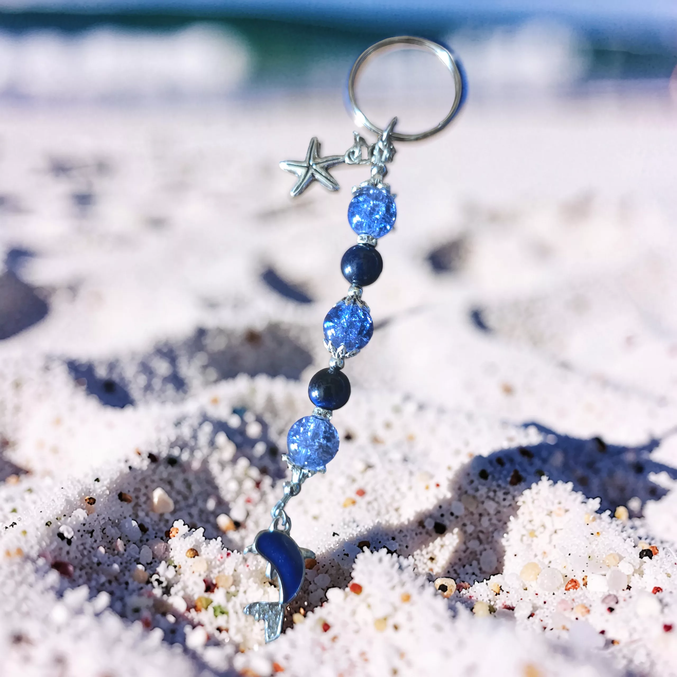 Handcrafted Beaded Dolphin Keychain, Coastal Bag Charm, Sea Life Keyring - Image 2