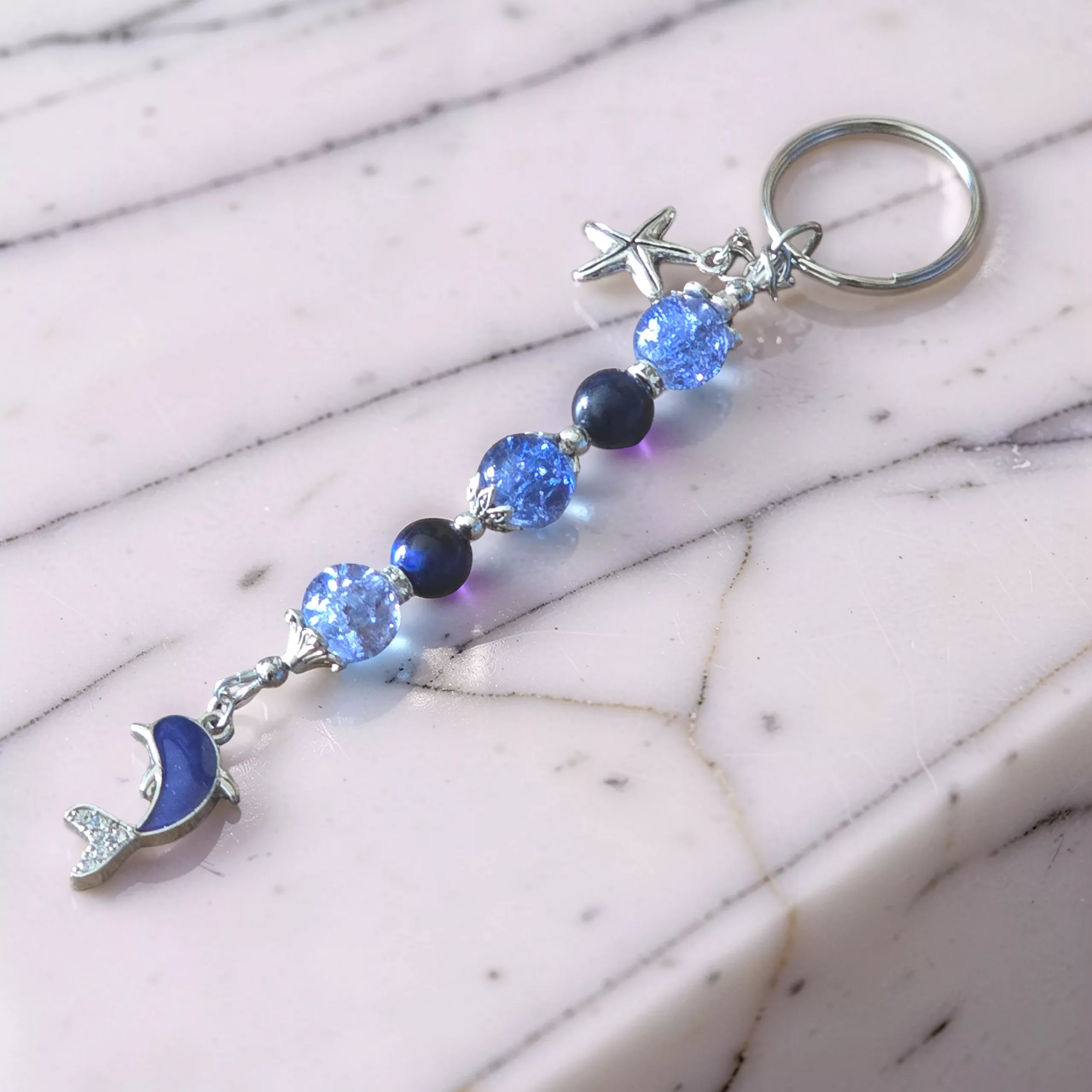 Handcrafted Beaded Dolphin Keychain, Coastal Bag Charm, Sea Life Keyring - Image 6