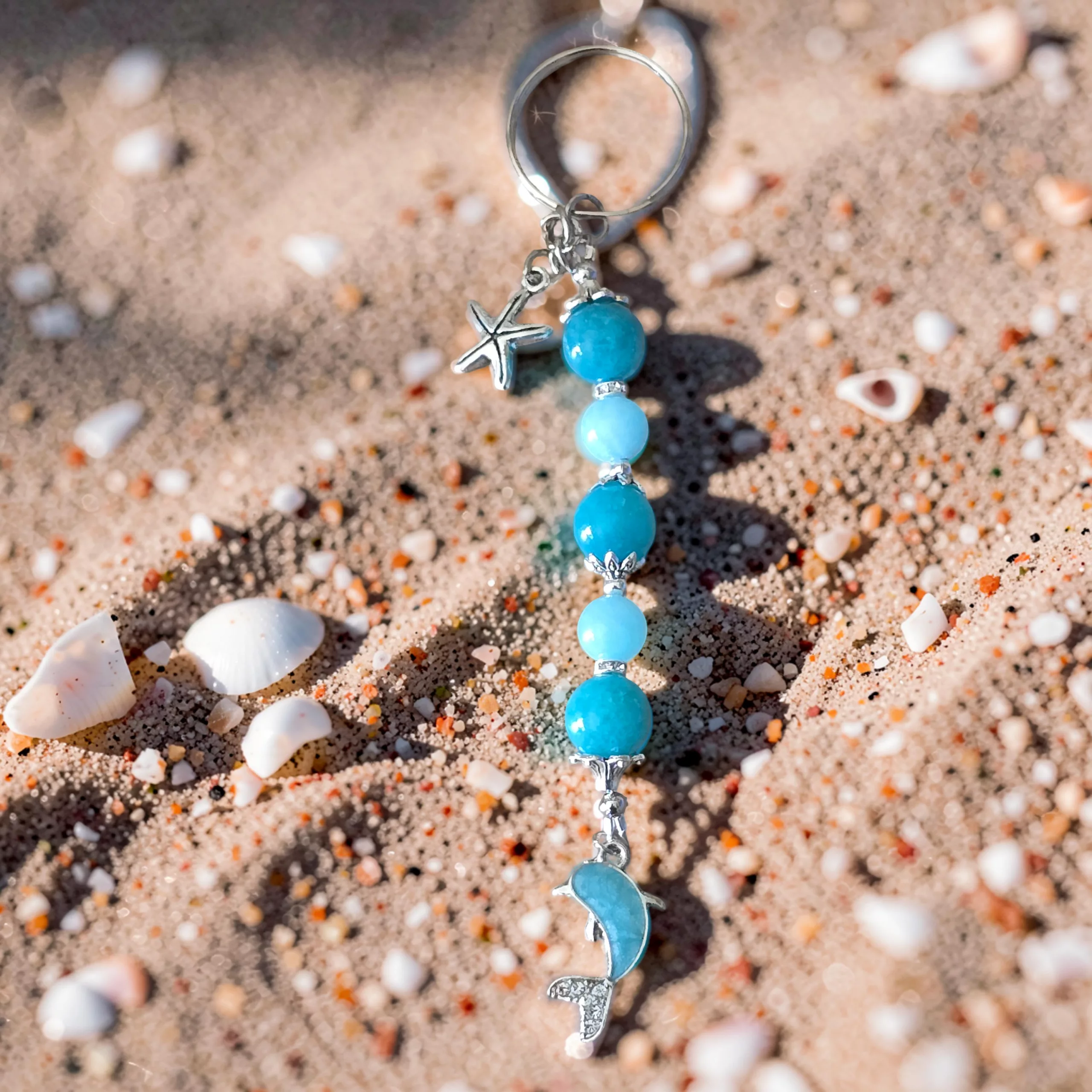 Handcrafted Beaded Dolphin Keychain, Coastal Bag Charm, Sea Life Keyring - Image 9