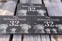 Personalised Highland Cow Slate Family Name Plaque, Custom Address Sign